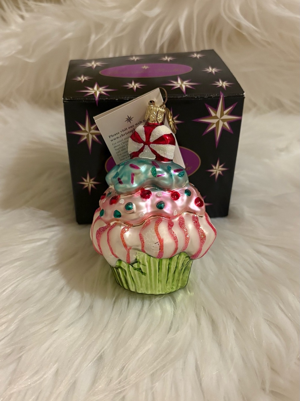 Christopher Radko Mint Confection Cake Peppermint Cupcake Glass Ornament